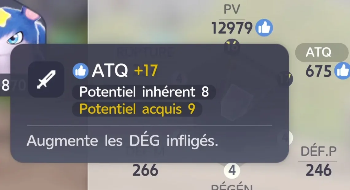 Infobulle de l’ATQ dans le client français d’Aniimo, ATQ +17 avec potentiel inhérent 8 et potentiel acquis 9, Augmente les DÉG infligés, sur une fiche à 675 d’ATQ
