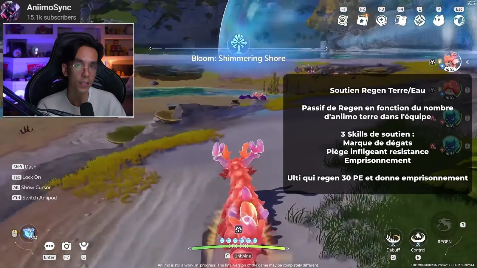 Coraleurre, Aniimo de corail rose de Terre et d’Eau, sur une plage pendant la bêta fermée d’Aniimo, à côté de la fiche d’AsPig : passif de régénération, ultime qui rend 30 PE