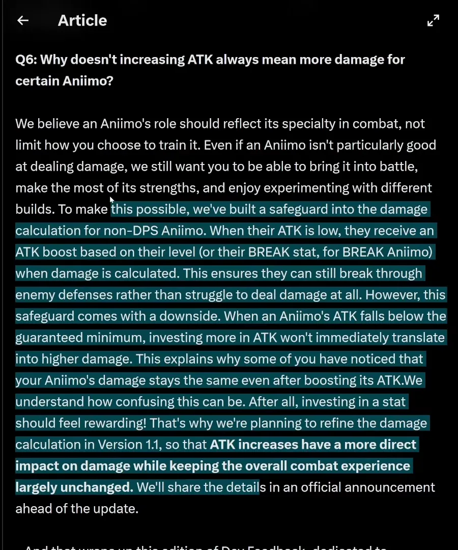 Question 6 de la note Dev Feedback d’Aniimo à l’écran, pourquoi plus d’ATQ ne donne pas toujours plus de dégâts, avec le filet de sécurité et la promesse pour la version 1.1 surlignés