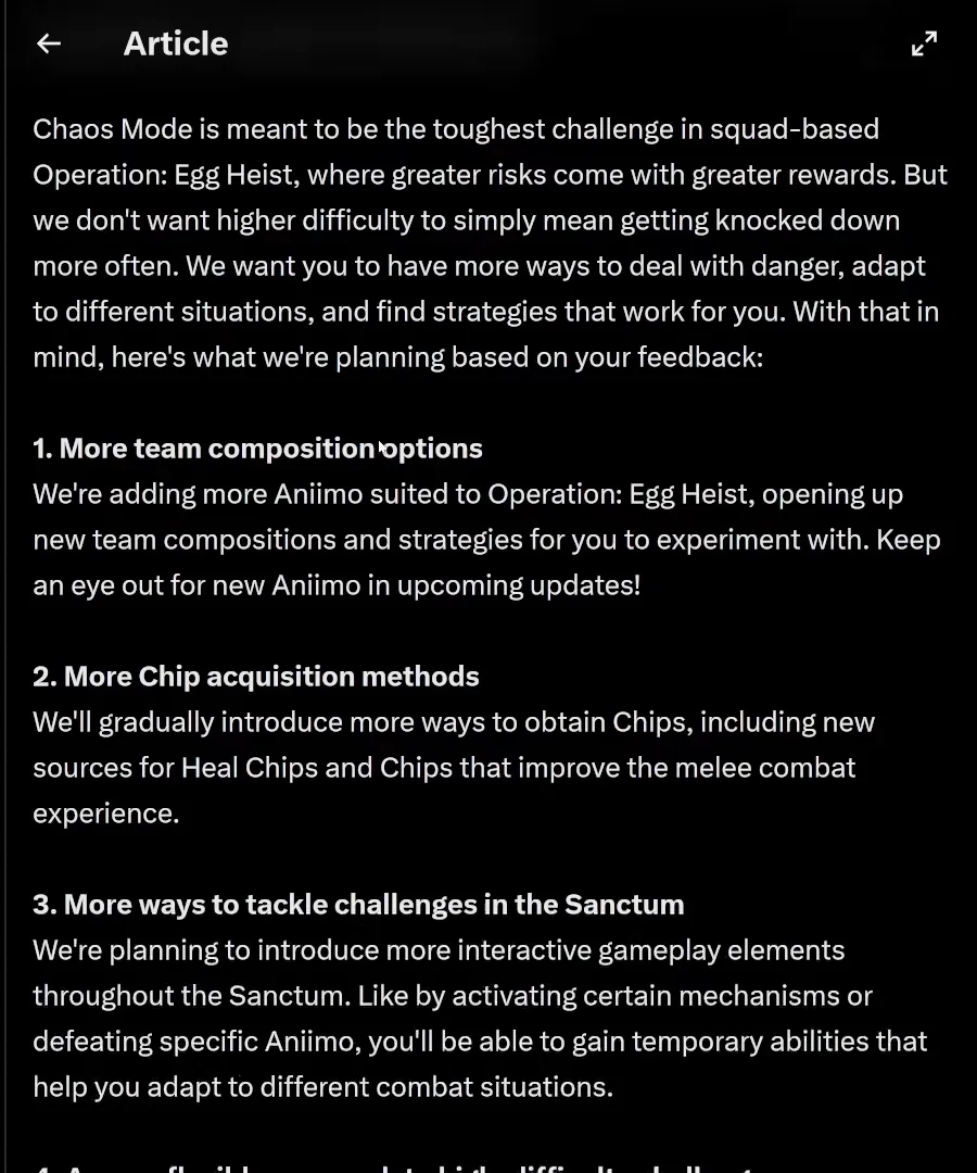 Réponse de la note Dev Feedback d’Aniimo sur le Mode Chaos de la Chasse aux œufs, et ses quatre projets : équipes, équipements, Sanctuaire, difficulté élevée