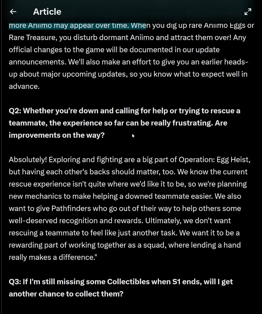 Questions 2 et 3 de la note Dev Feedback d’Aniimo : le sauvetage d’un coéquipier à terre dans la Chasse aux œufs et le retour des objets de collection après la saison 1