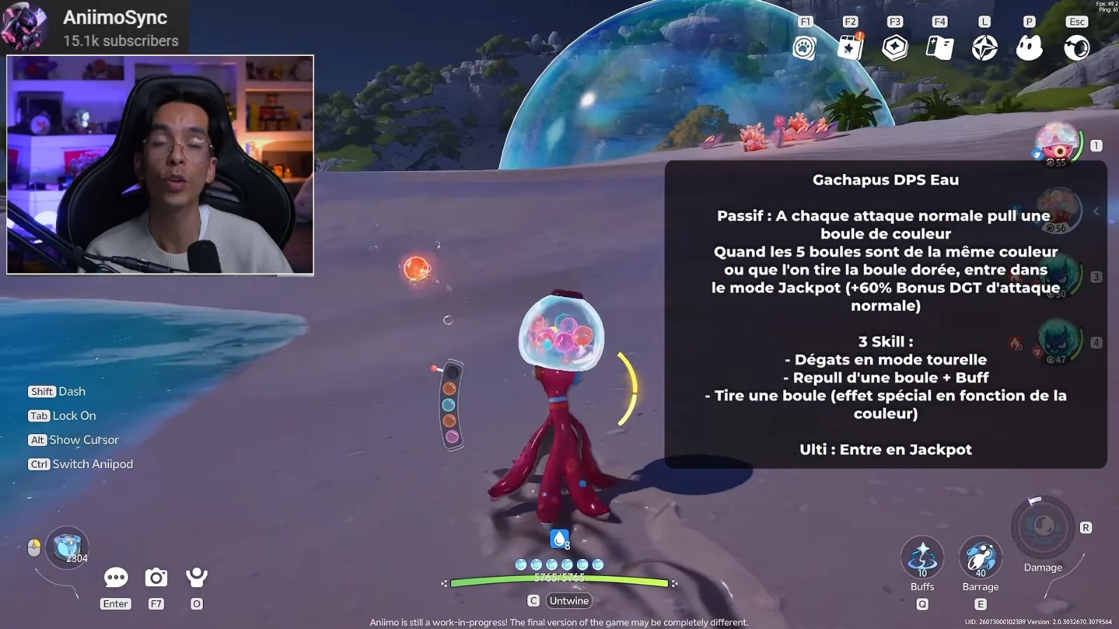 Gachapoulpe, Aniimo pieuvre rouge à tête de distributeur, sur une plage pendant la bêta fermée d’Aniimo, à côté de la fiche d’AsPig sur son mode jackpot