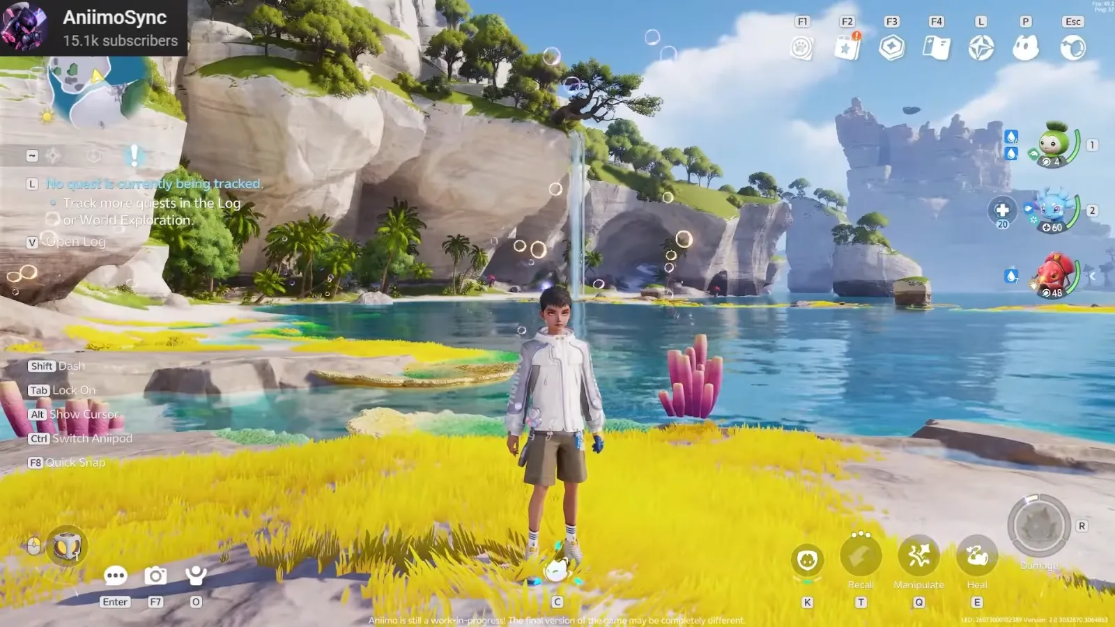 Nomade d’Aniimo sur une plage d’herbe jaune des îles murmillon pendant la bêta fermée, corail rose, eau turquoise, falaises blanches et bulles dans l’air