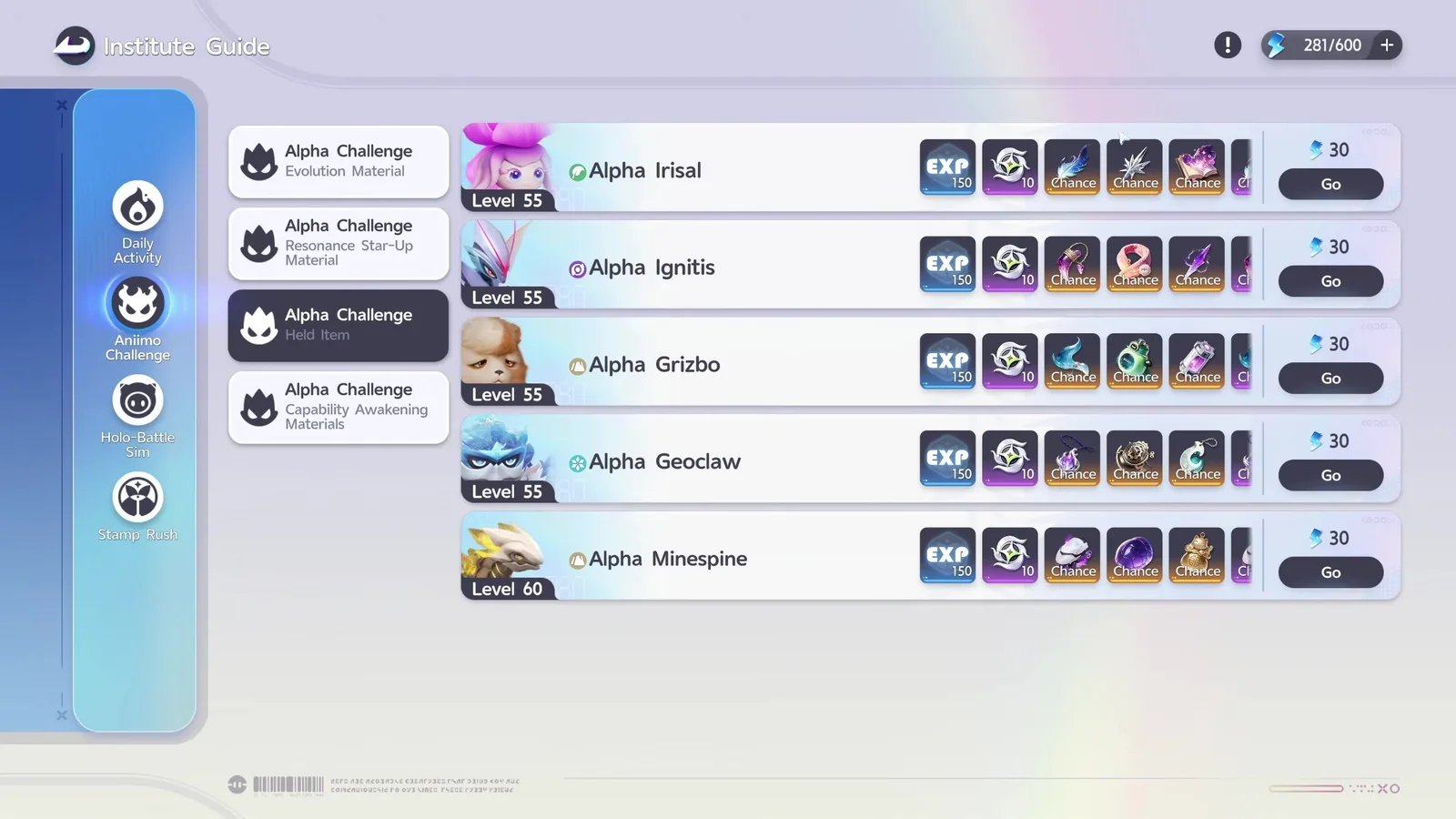 Aniimo Institute Guide Alpha Challenge Held Item tab listing Alpha Irisal, Ignitis, Grizbo and Geoclaw at Level 55 and Minespine at Level 60, 30 Primegy each