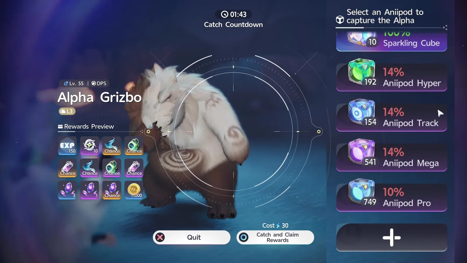 Aniimo Alpha Grizbo catch screen at Lv.55 listing Sparkling Cube at 100%, Aniipod Hyper, Track and Mega at 14% and Aniipod Pro at 10%