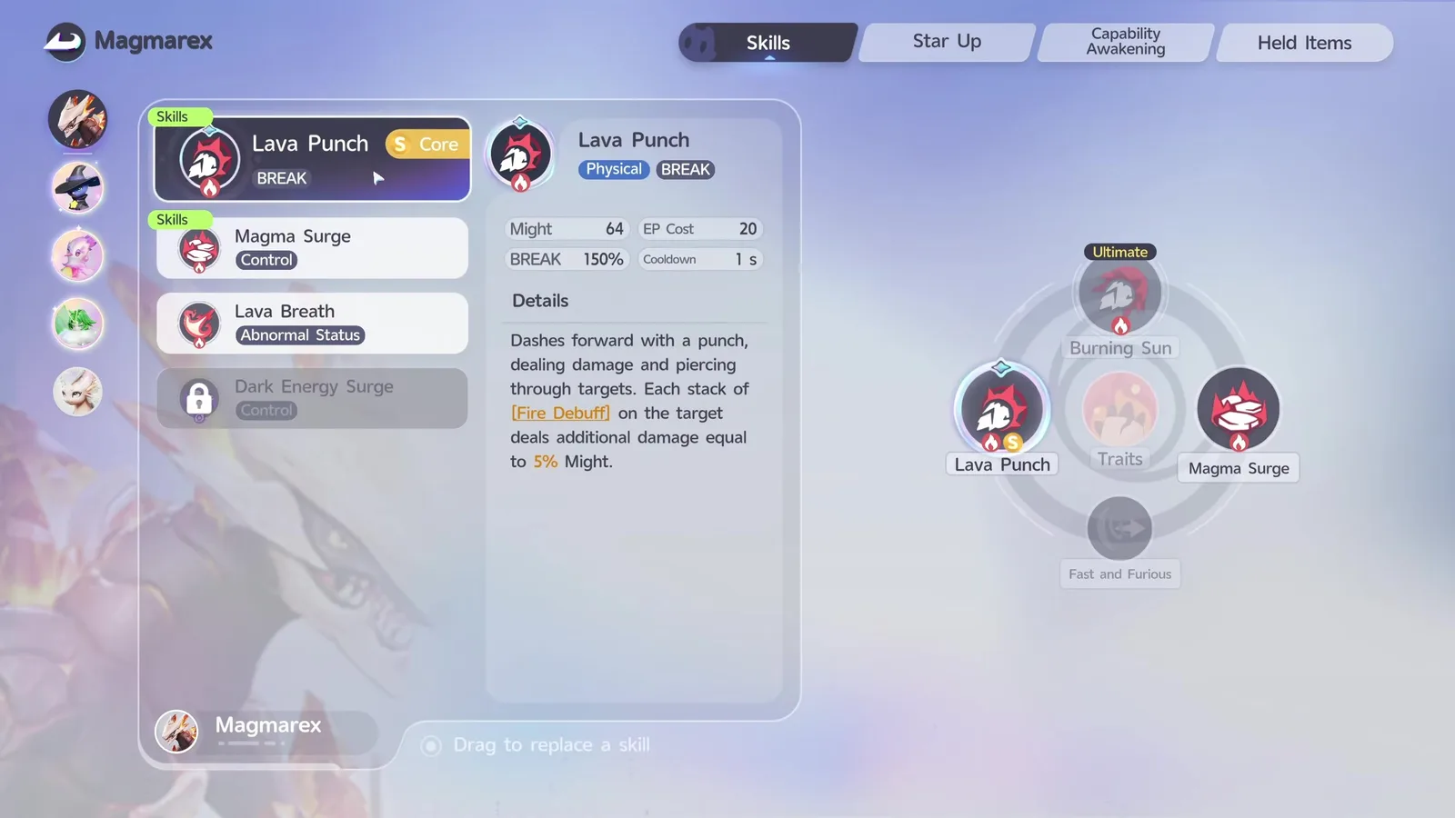 Alpha Magmarex’s Lava Punch Core Skill card in Aniimo, Physical and BREAK at Might 64, adding 5% Might per Fire Debuff stack with no stack removal