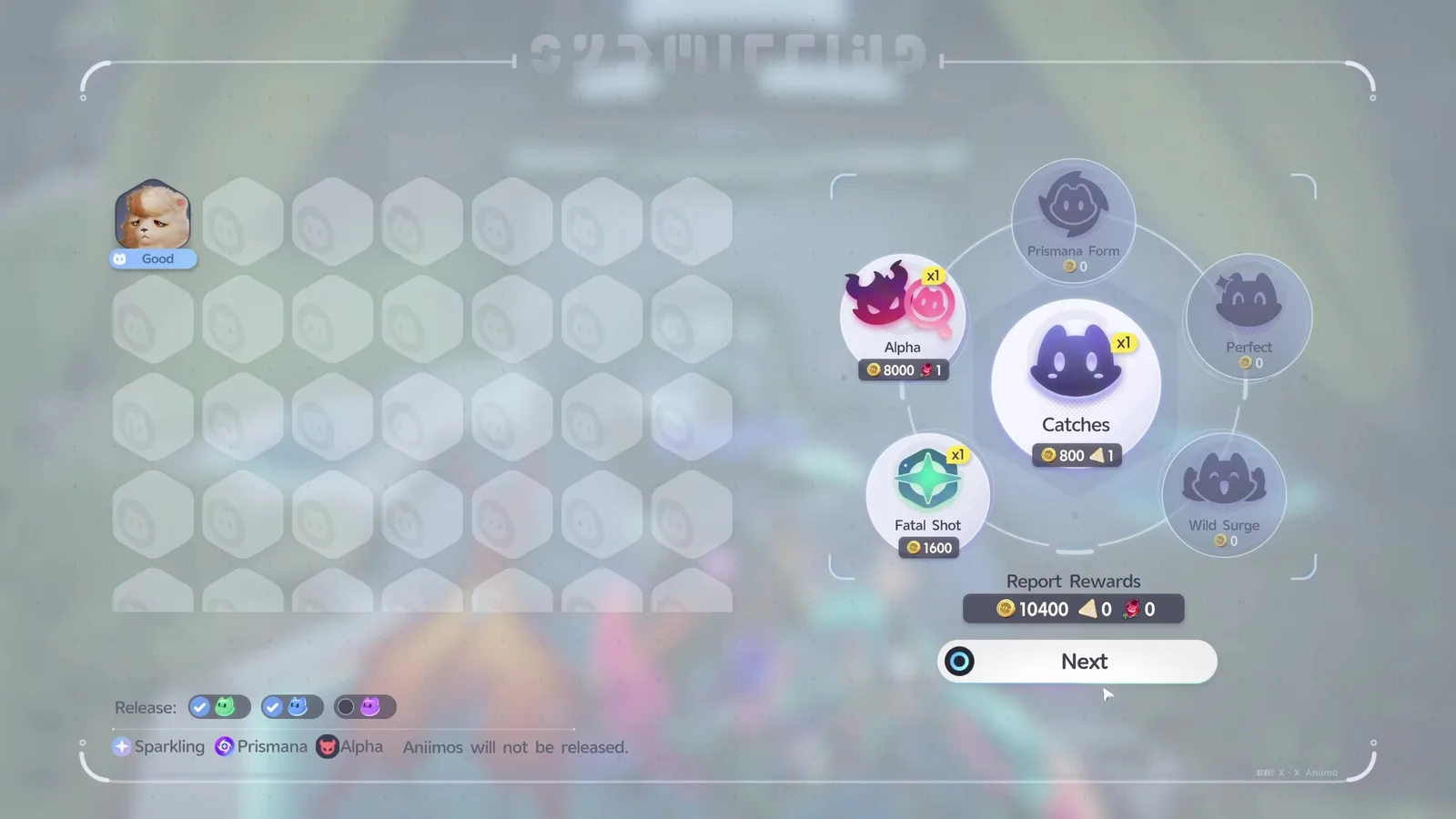 Aniimo catch report after Alpha Grizbo: the Alpha bubble paying 8000 Credits and 1 Mark of the Strong, Catches 800, Fatal Shot 1600, 10400 Credits in total