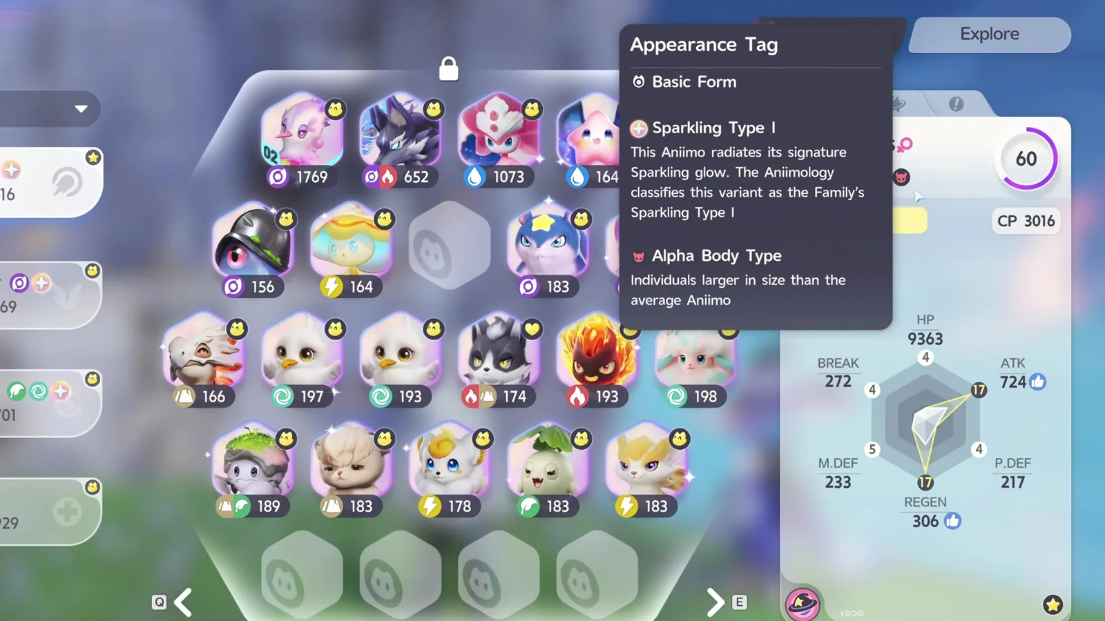 Aniimo Appearance Tag on a Lv.60 Stellarys at CP 3016 listing Basic Form, Sparkling Type I and Alpha Body Type, larger in size than average