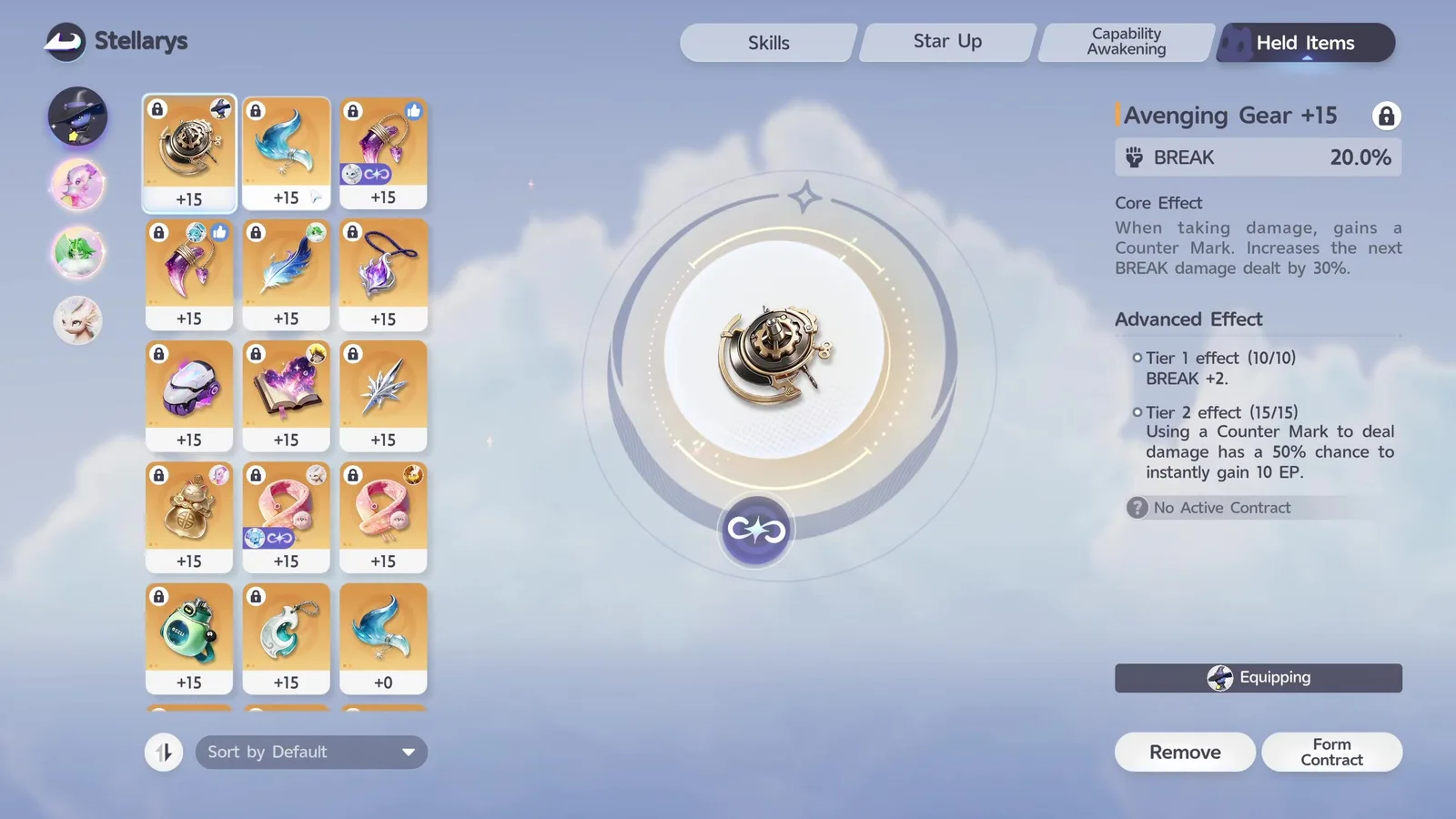 Alpha Stellarys’s Held Items tab in Aniimo wearing Avenging Gear +15 at 20% BREAK with No Active Contract, among a grid of +15 Legendary items