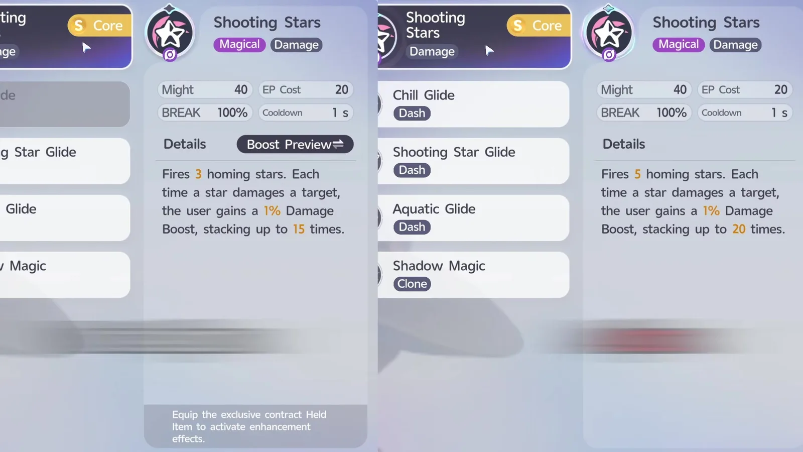 Stellarys’s Shooting Stars Core Skill in Aniimo, normal and Alpha side by side: 3 homing stars stacking 15 times against 5 stars stacking 20 times
