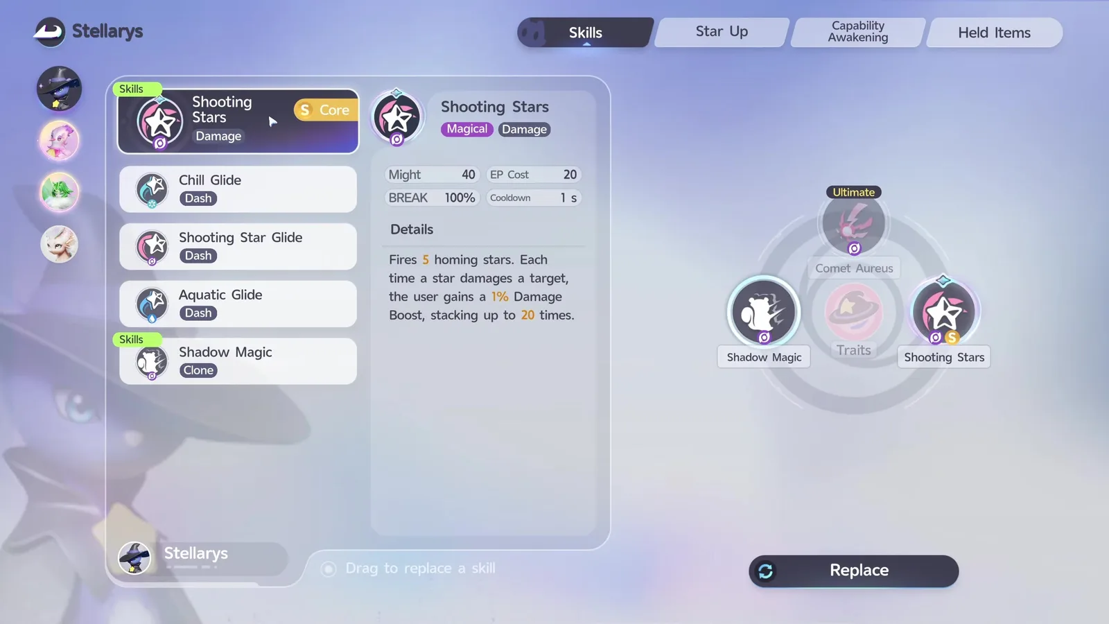 Alpha Stellarys’s Skills tab in Aniimo with the Shooting Stars Core Skill reading 5 homing stars and 20 stacks, and no contract prompt below it