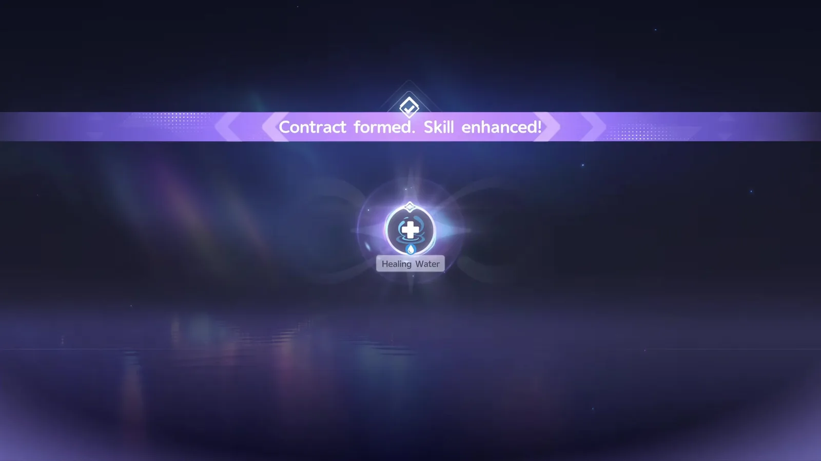 The Aniimo contract confirmation banner reading Contract formed. Skill enhanced! above the Healing Water Core Skill icon on a dark starry background