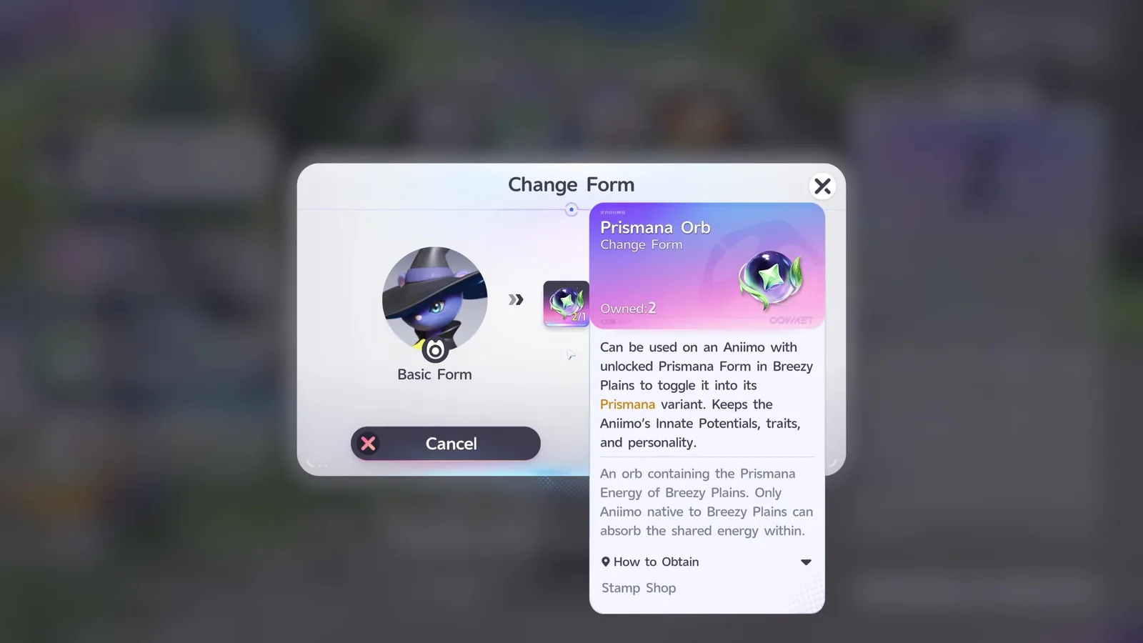 Aniimo Change Form dialogue turning Stellarys from Basic Form to Prismana, with the Prismana Orb card open, owned 2, obtained from the Stamp Shop
