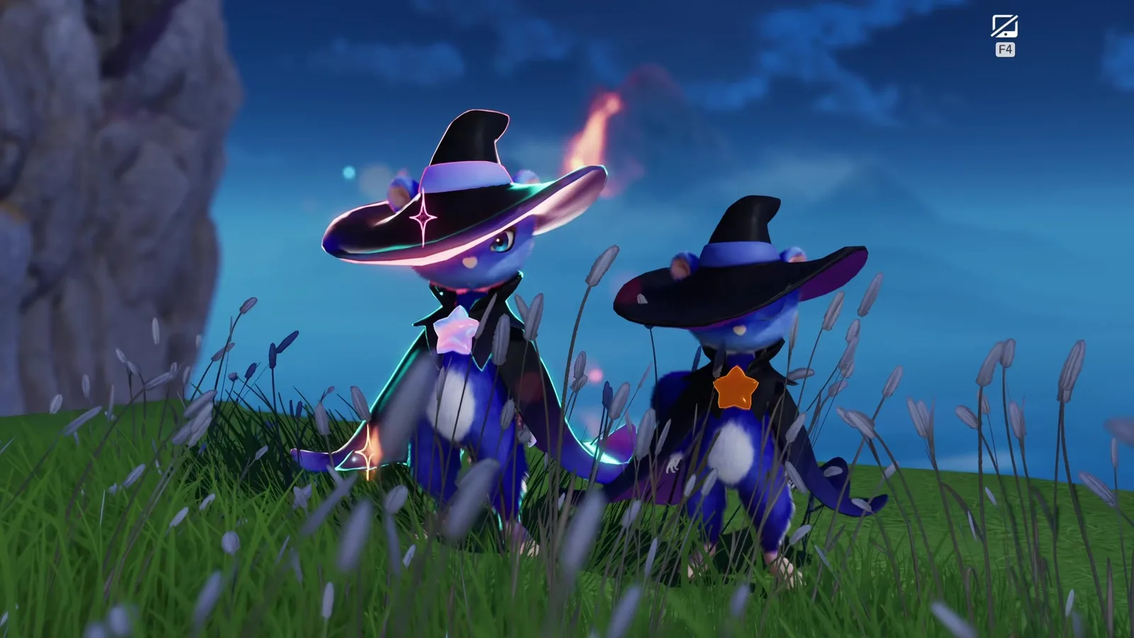 A Sparkling Alpha Stellarys in Aniimo outlined in teal light on a grassy hill at dusk, beside an ordinary Stellarys in the same wide black hat