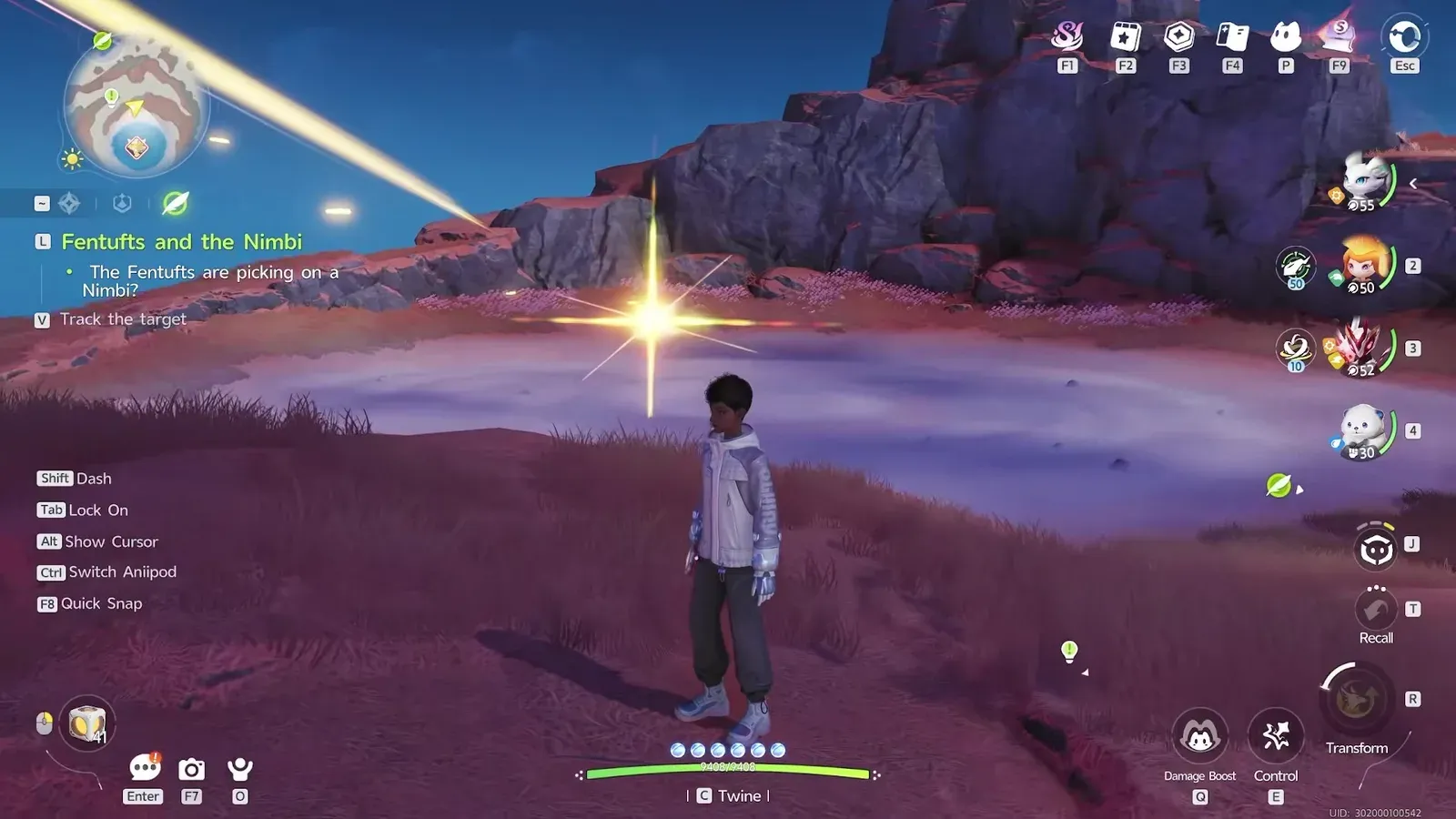The golden streak of Alpha Luminelle striking the pale salt flat in Aniimo, a bright star burst at ground level under the red cliffs of Tideblossom Coast