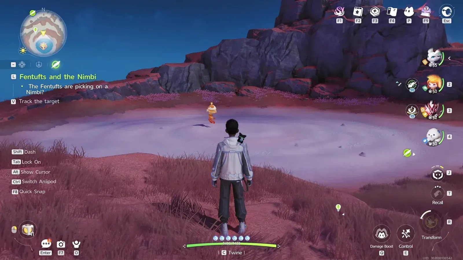 Alpha Luminelle landed in Aniimo, a small gold and orange jellyfish hovering over the pale salt flat while the Pathfinder watches from the red grass in front