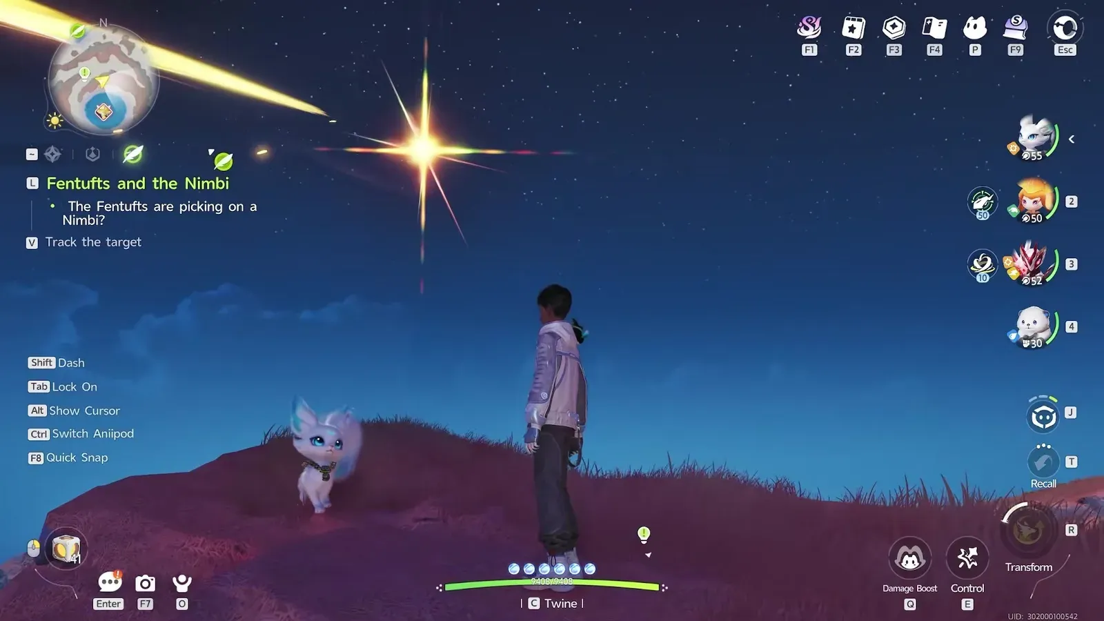 Alpha Luminelle in Aniimo as a large four-pointed golden flare low over the night horizon, with the Pathfinder and a white Aniimo watching from a ridge below