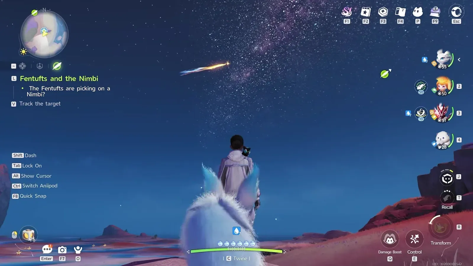 A Pathfinder and a white Aniimo on a red headland in Aniimo at night, watching a single orange streak cross the star field above Tideblossom Coast