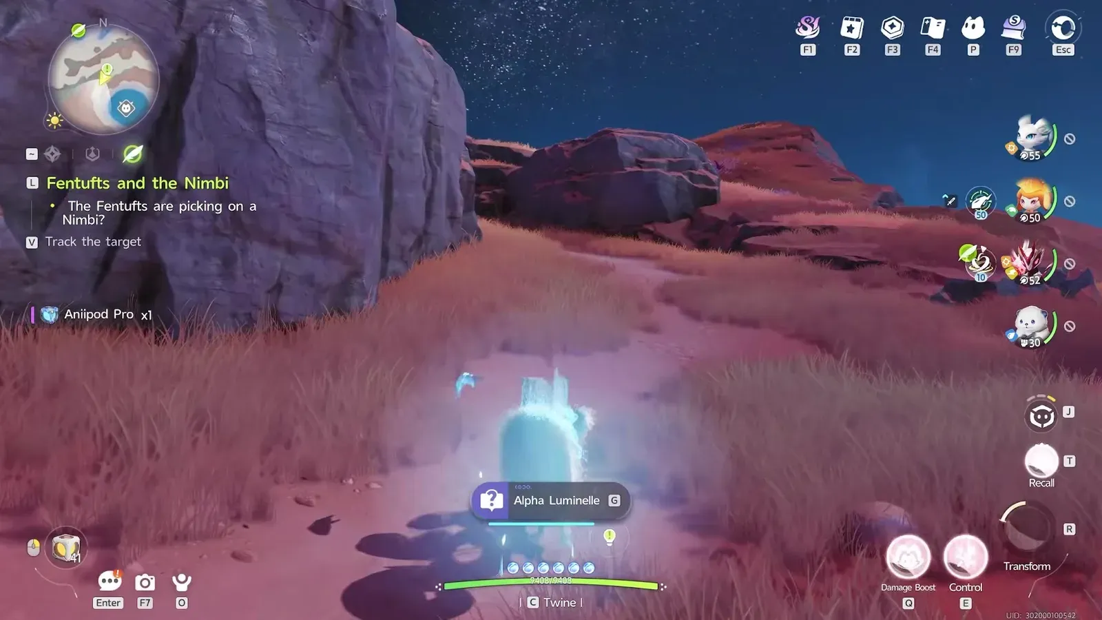 The Alpha Luminelle interaction prompt in Aniimo with the key G beside it, standing over a column of pale light on empty red grass with no creature there