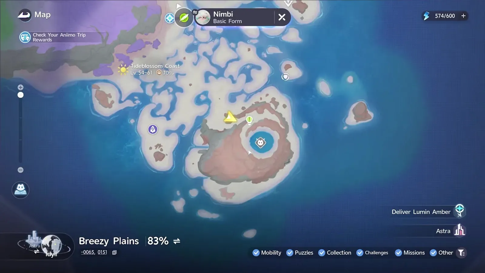 The Aniimo world map zoomed on Tideblossom Coast, its label reading Lv.54~61 and 70% beside a sun icon, with the player arrow on the headland and Breezy Plains 83% along the bottom
