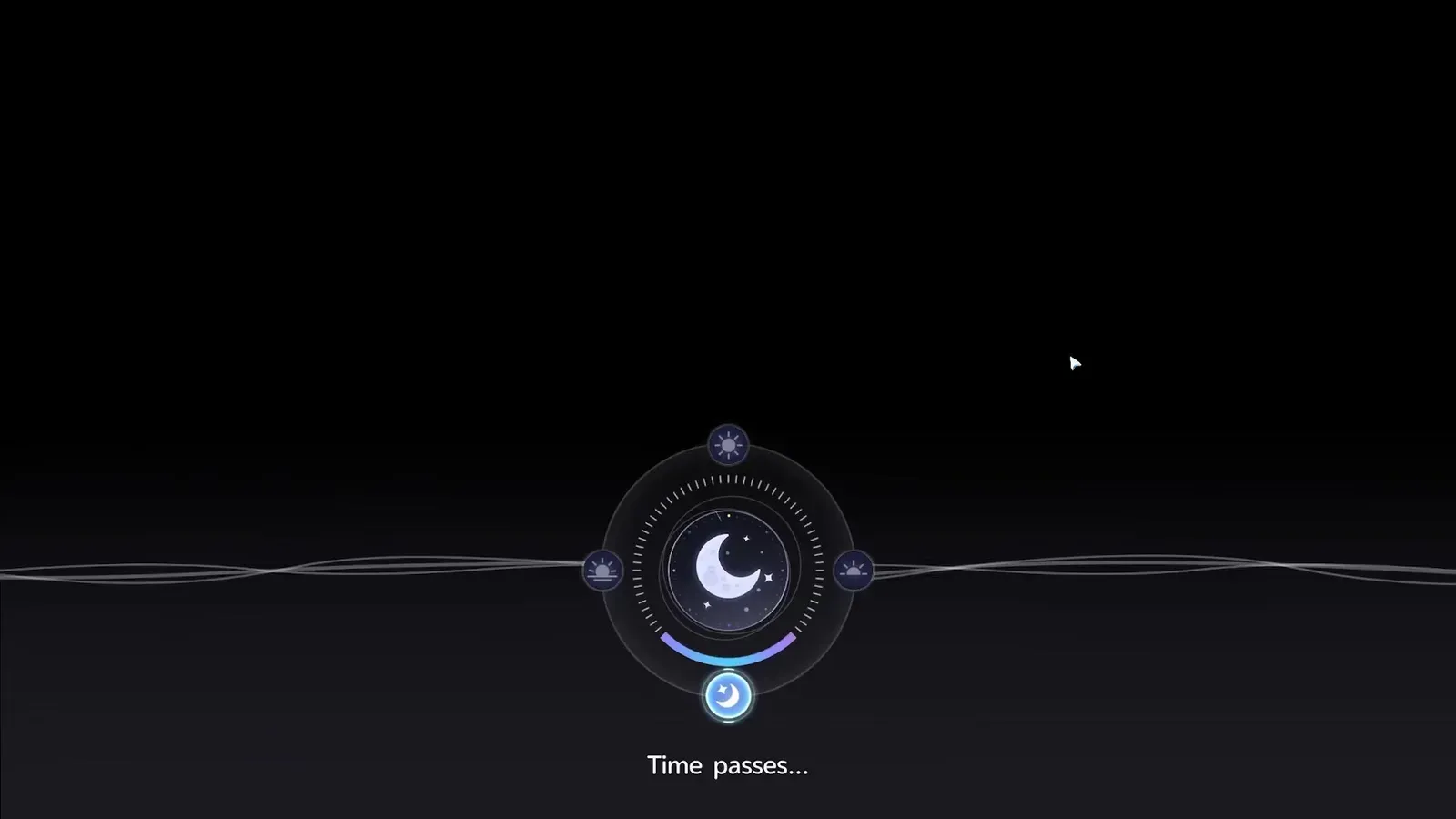 The Aniimo day and night dial mid-transition, a crescent moon inside a ring with sunrise, noon and sunset icons around it and the words Time passes underneath