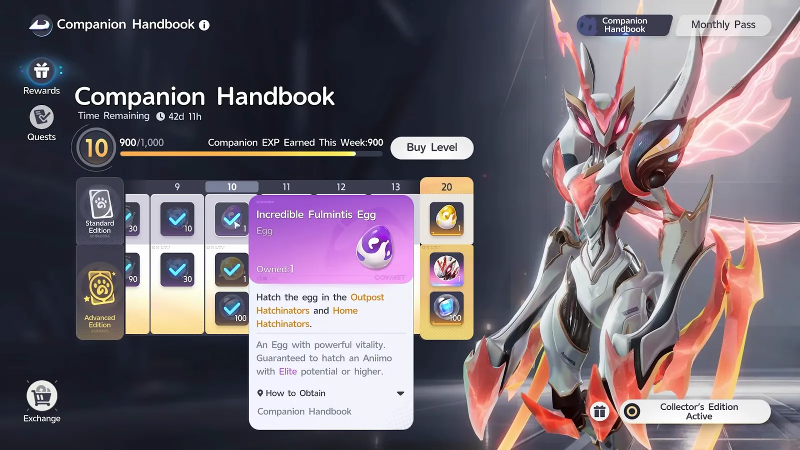 The Incredible Fulmintis Egg tooltip at Companion Handbook level 10, guaranteed to hatch an Aniimo with Elite potential or higher