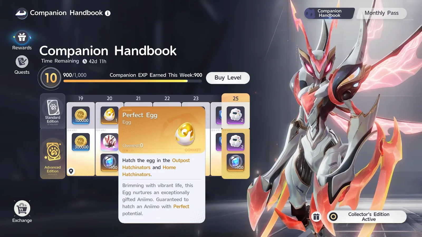 Companion Handbook level 20: the Perfect Egg on the free track, with the Prismana Fulmintis Egg and 100 Sparkling Crystals on the Advanced row below it