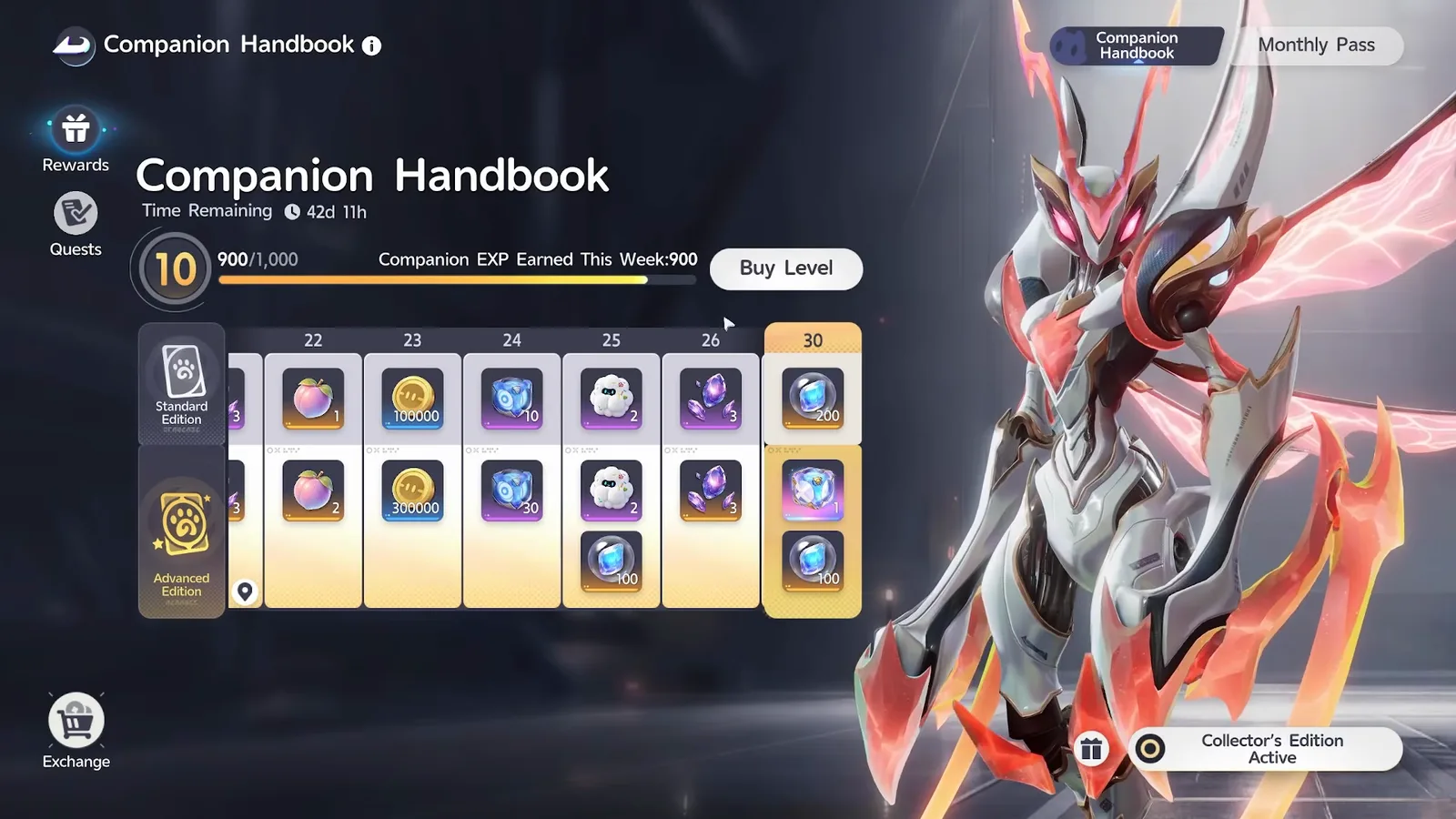 Companion Handbook levels 22 to 26 and the level 30 milestone, with 200 Sparkling Crystals free and a Sparkling Cube on the Advanced track