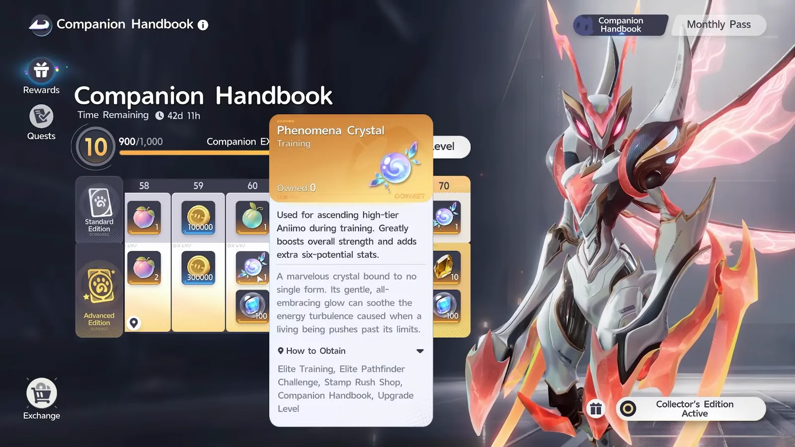 The Phenomena Crystal tooltip at Companion Handbook level 60, used for ascending high tier Aniimo during training