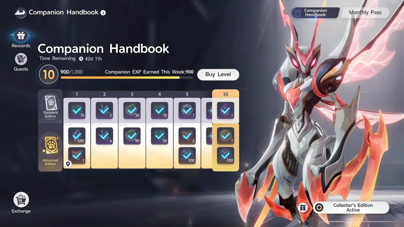The Companion Handbook screen at levels 1 to 5, with the Standard Edition row above and the Advanced Edition row below, and level 10 pinned on the right
