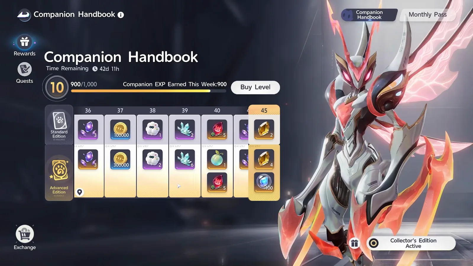 Companion Handbook levels 36 to 45 with both tracks: Credits, Tumbler, Flux Crystal, Mark of the Strong and the Capafruit on the Advanced row at level 40
