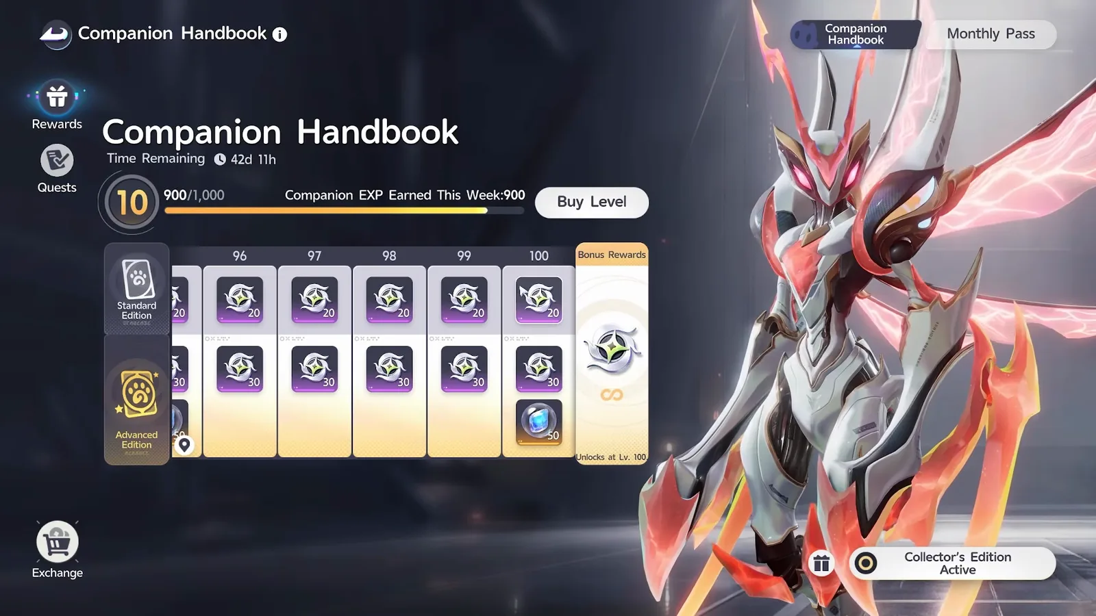 Companion Handbook levels 96 to 100 paying Windborn Stamps on both tracks, with the Bonus Rewards panel marked Unlocks at Lv. 100