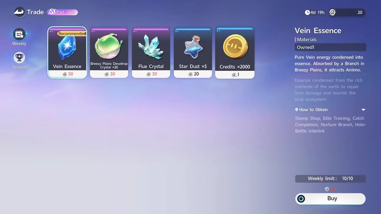 The Stamp Shop Weekly tab: Vein Essence for 50 Windborn Stamps, Dewdrop Crystals, Flux Crystal, Star Dust and Credits