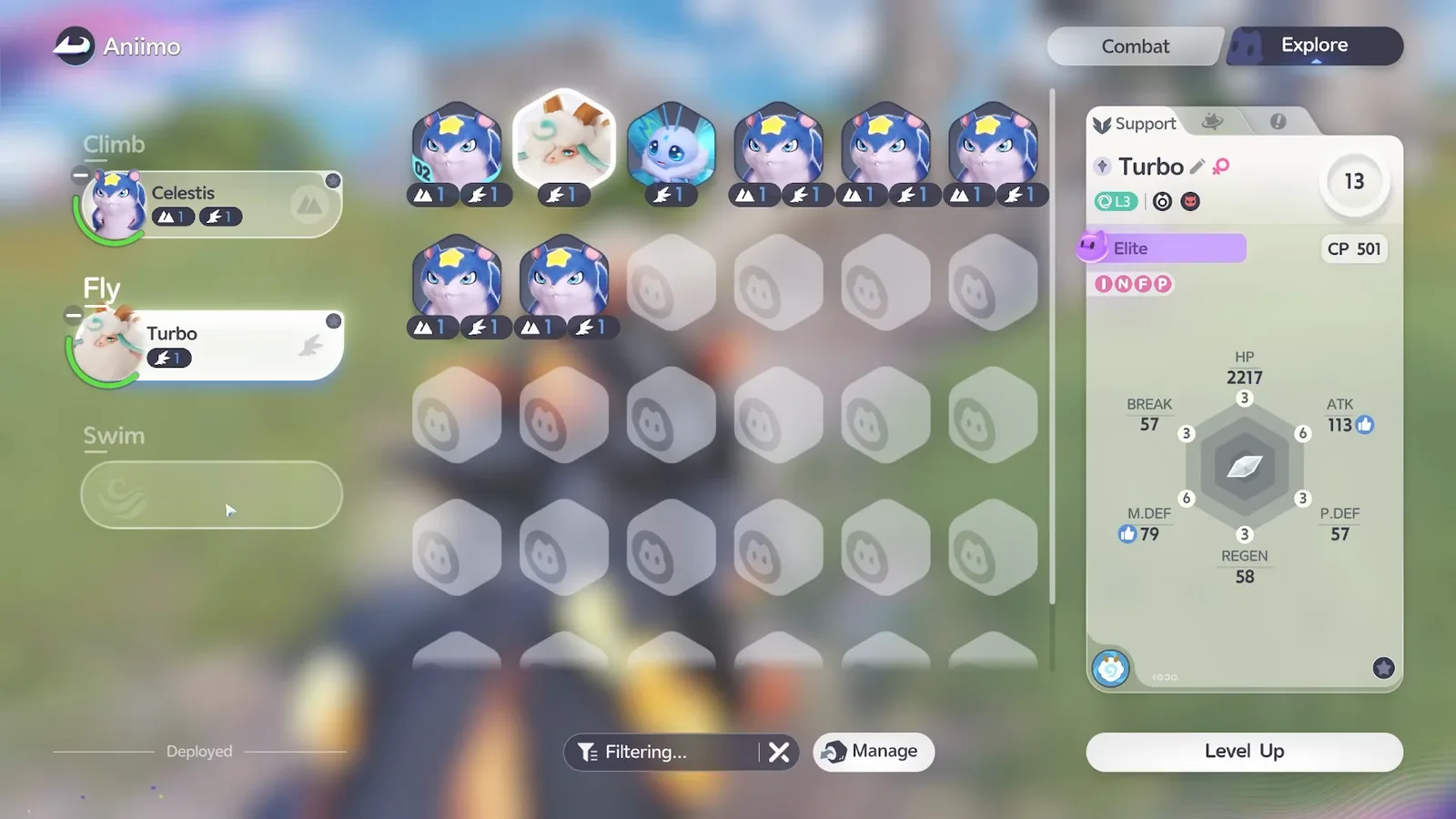 The Explorer tab with Celestis assigned to the Climb slot and Turbo assigned to the Fly slot, each showing its exploration level badges