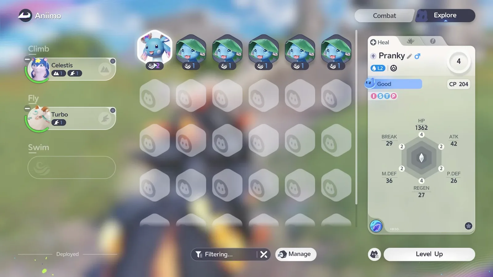 The Swim slot of the Explorer tab with Pranky selected, its tile showing a swim badge of 2 next to Skippy tiles showing 1