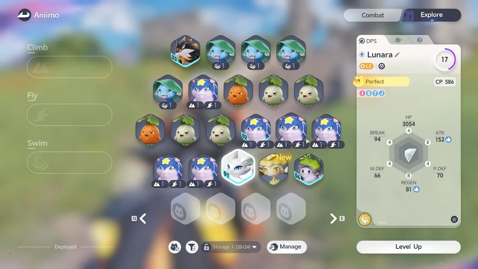The Explorer tab in Aniimo Management with empty Climb, Fly and Swim slots on the left and a roster of Aniimo showing climb, fly and swim badges