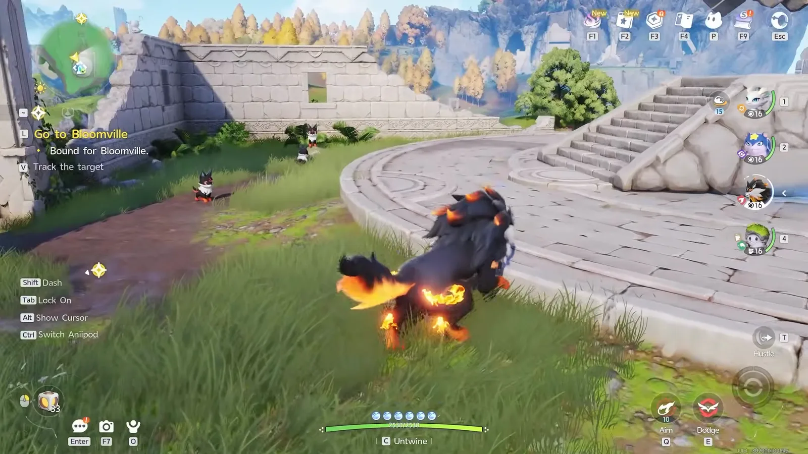 Riding a Flameruff in Aniimo with the Hustle button bound to T in the bottom right of the HUD