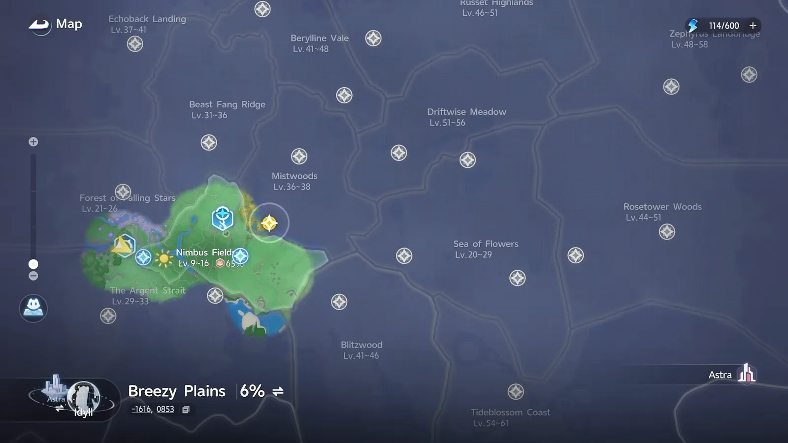 The Idyll world map with Breezy Plains revealed at 6 per cent, the region names and level bands around it, and the Astra and Idyll map switcher in the bottom left