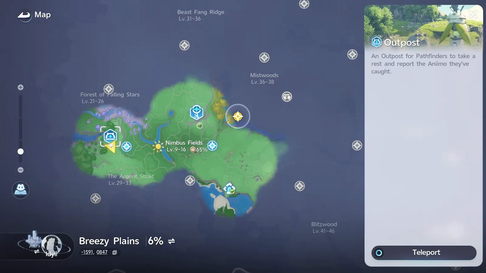 The Aniimo map with a travel marker selected, its description panel open on the right and a Teleport button at the bottom