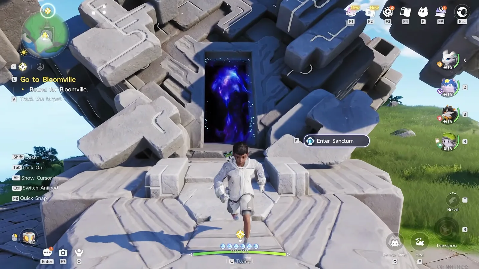 A Sanctum entrance in Aniimo: a floating stone cube with a purple portal and the Enter Sanctum prompt on screen