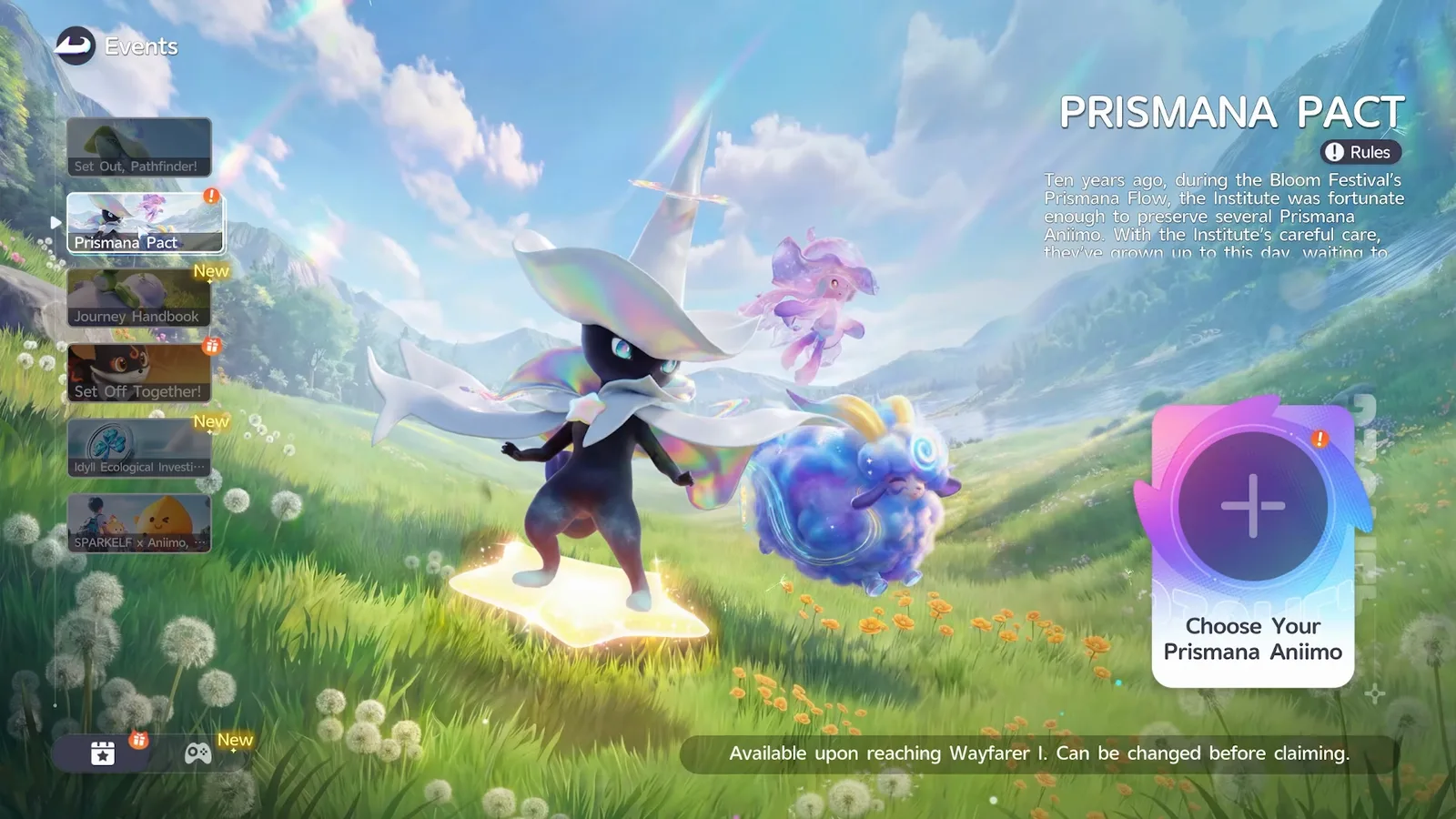 The Prismana Pact event screen in Aniimo, with the Choose Your Prismana Aniimo card and the line Available upon reaching Wayfarer I. Can be changed before claiming.