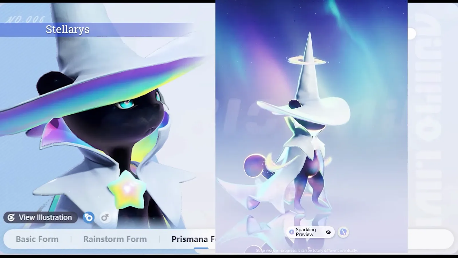 Aniimo’s Aniilog illustration viewer on Prismana Stellarys: the dark-bodied Prismana art on the left and the pale Sparkling Preview model on the right