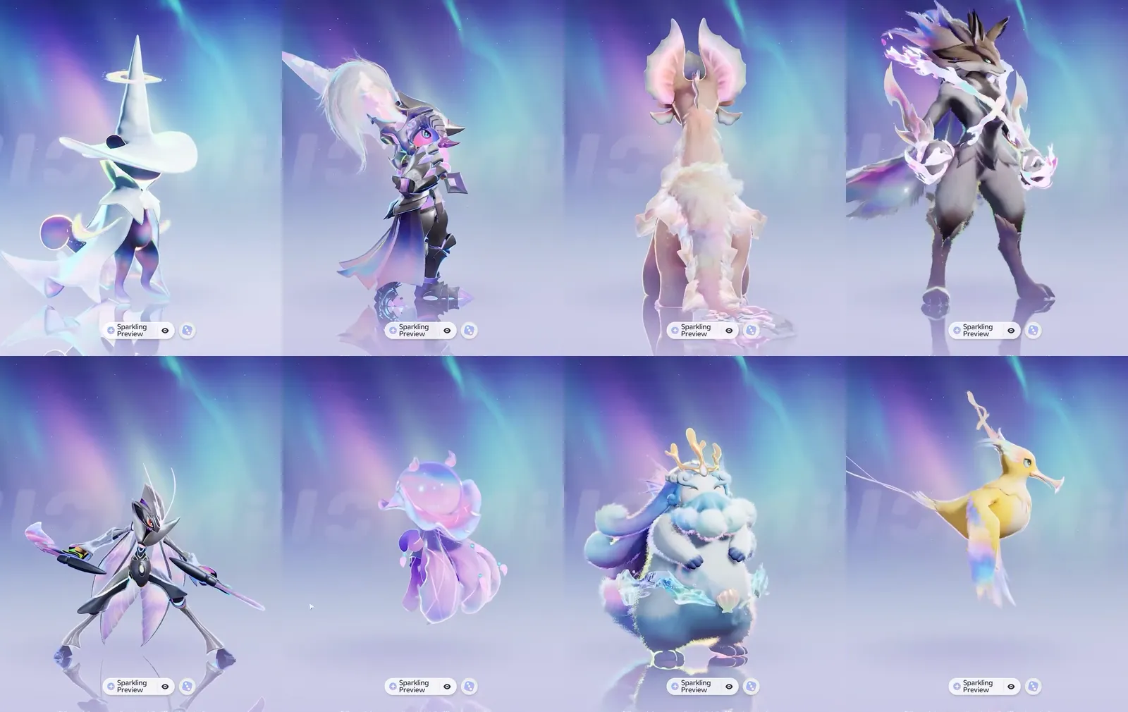 Eight Sparkling Prismana previews from Aniimo’s Aniilog: Stellarys, Pawney, Glacy and Scorchhowl on the top row, Ignitis, Luminelle, Panpanta and Cornet below