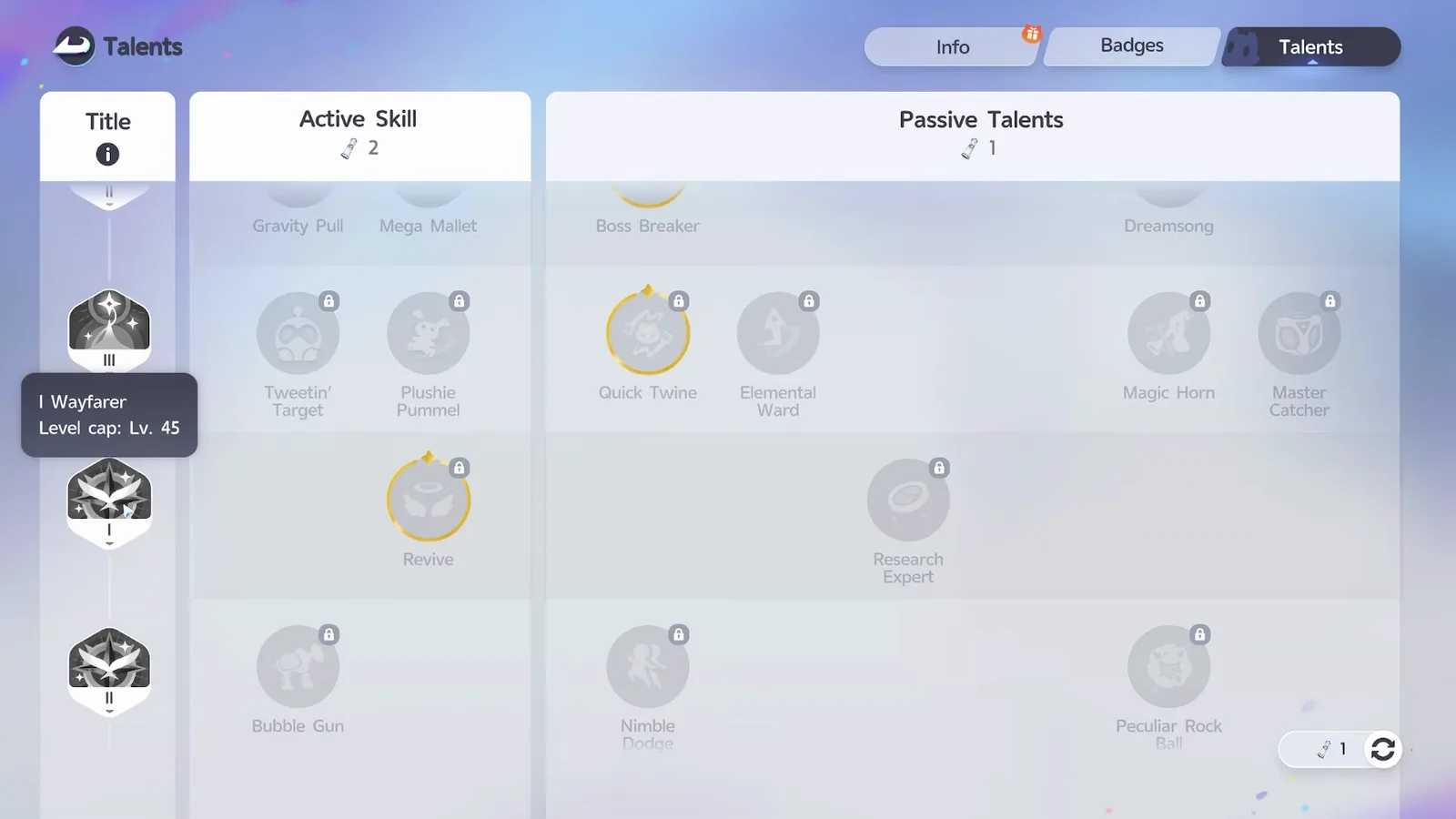 Aniimo’s Talents screen with the title rail on the left and a tooltip reading I Wayfarer, Level cap: Lv. 45