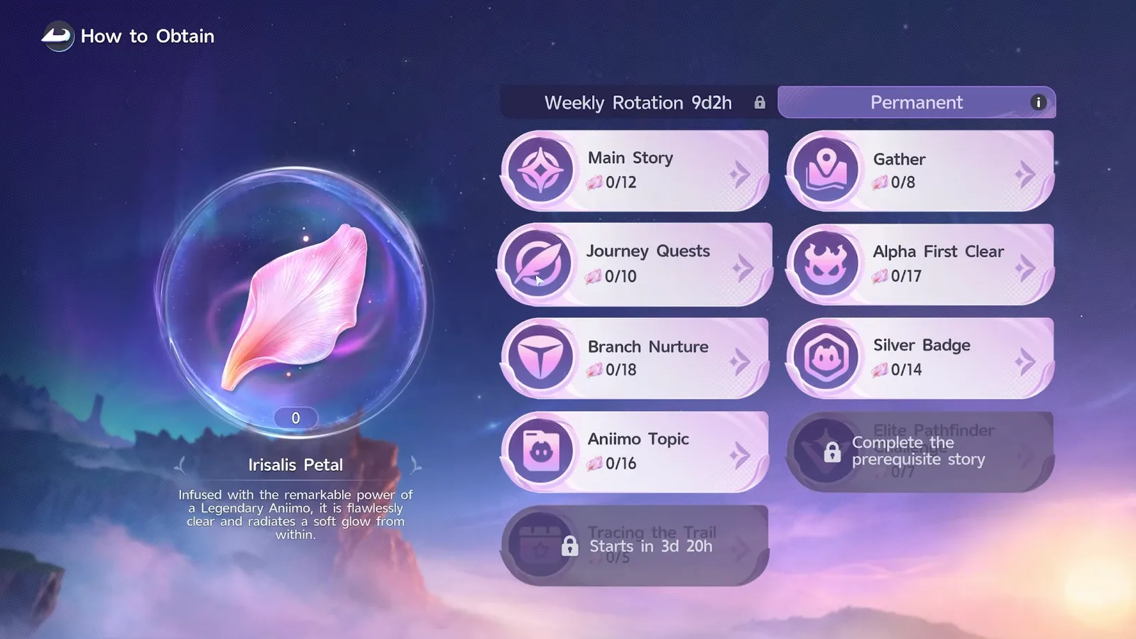 The How to Obtain panel for Irisalis Petal in Aniimo, showing the locked Weekly Rotation tab and the permanent sources: Main Story, Journey Quests, Branch Nurture, Aniimo Topic, Gather, Alpha First Clear and Silver Badge
