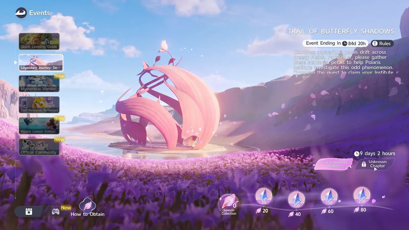 Aniimo’s Legendary Journey event screen: Trail of Butterfly Shadows, Event Ending In 84d 20h, a locked Unknown Chapter with 9 days 2 hours remaining, and petal milestones at 20, 40, 60 and 80