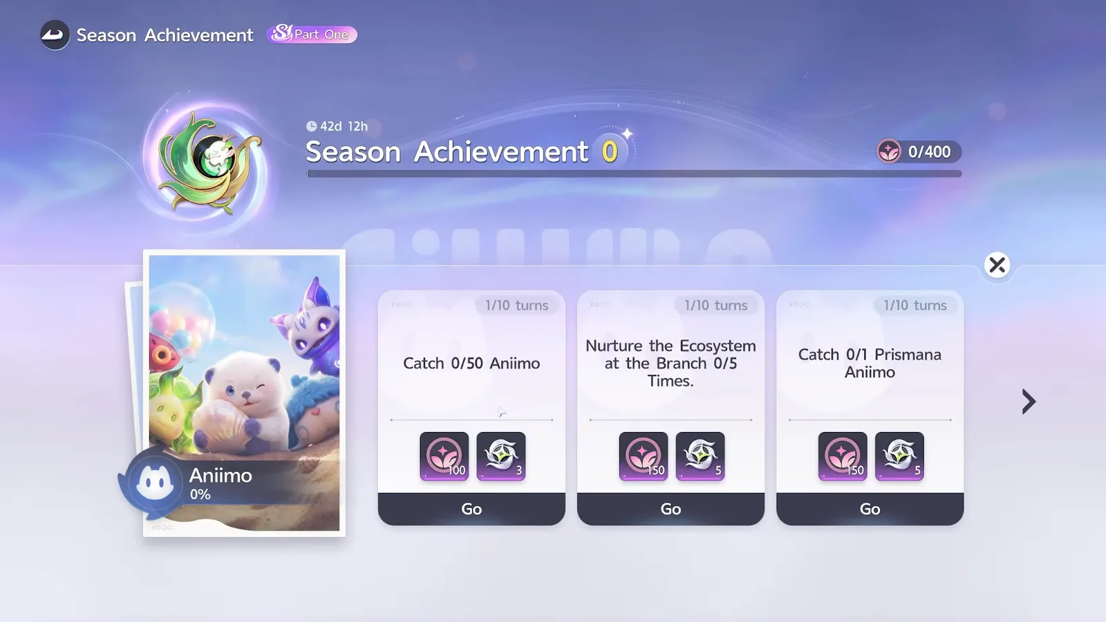 The Aniimo track in Season Achievement: Catch 0/50 Aniimo, Nurture the Ecosystem at the Branch 0/5 Times and Catch 0/1 Prismana Aniimo, each marked 1/10 turns with a Go button