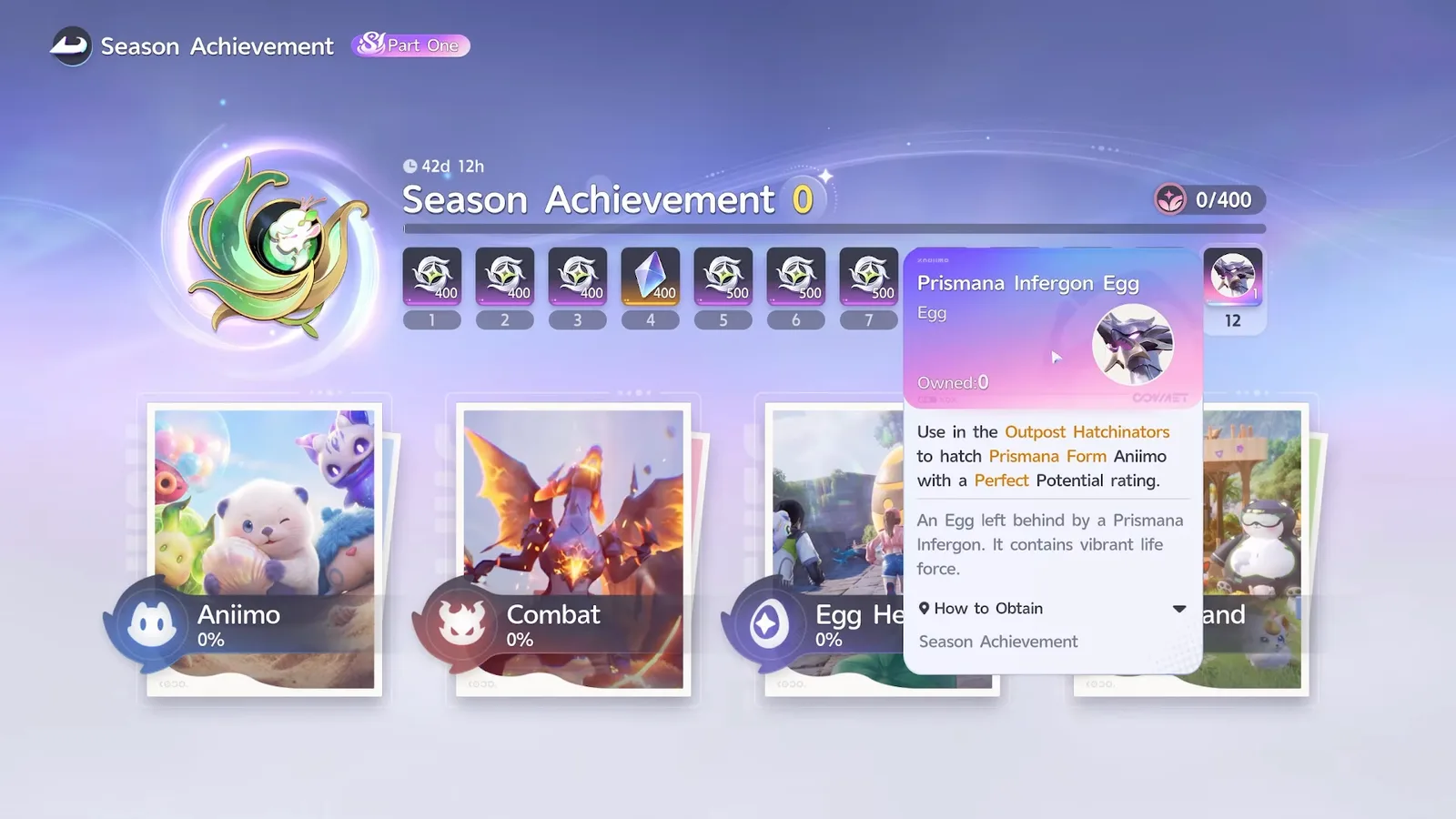 The Prismana Infergon Egg tooltip at rank 12 of the Season Achievement track, reading use in the Outpost Hatchinators to hatch Prismana Form Aniimo with a Perfect Potential rating