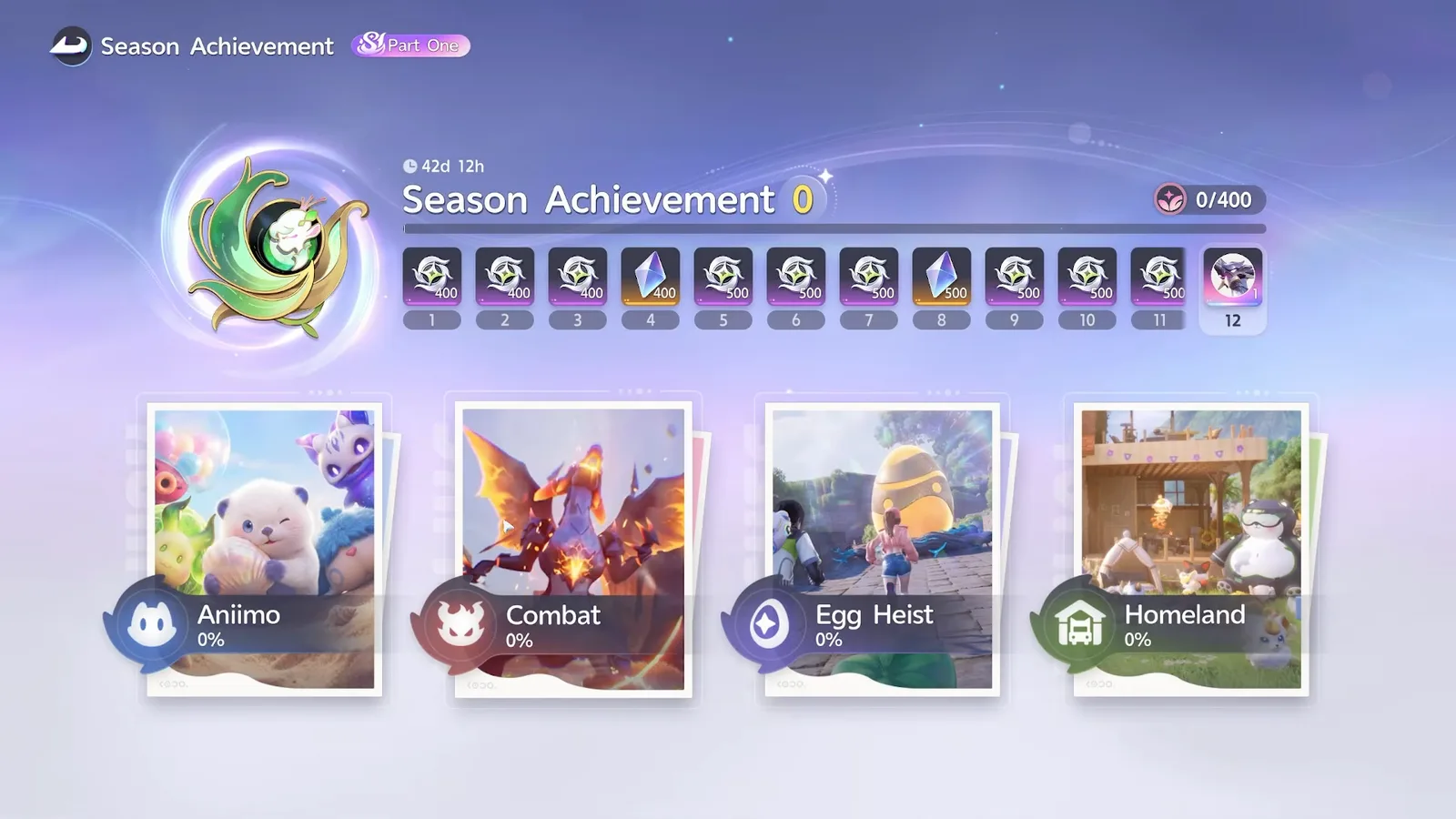 The Aniimo Season Achievement screen marked Part One: a 0/400 rank bar with twelve numbered reward slots and the Aniimo, Combat, Egg Heist and Homeland mode cards below