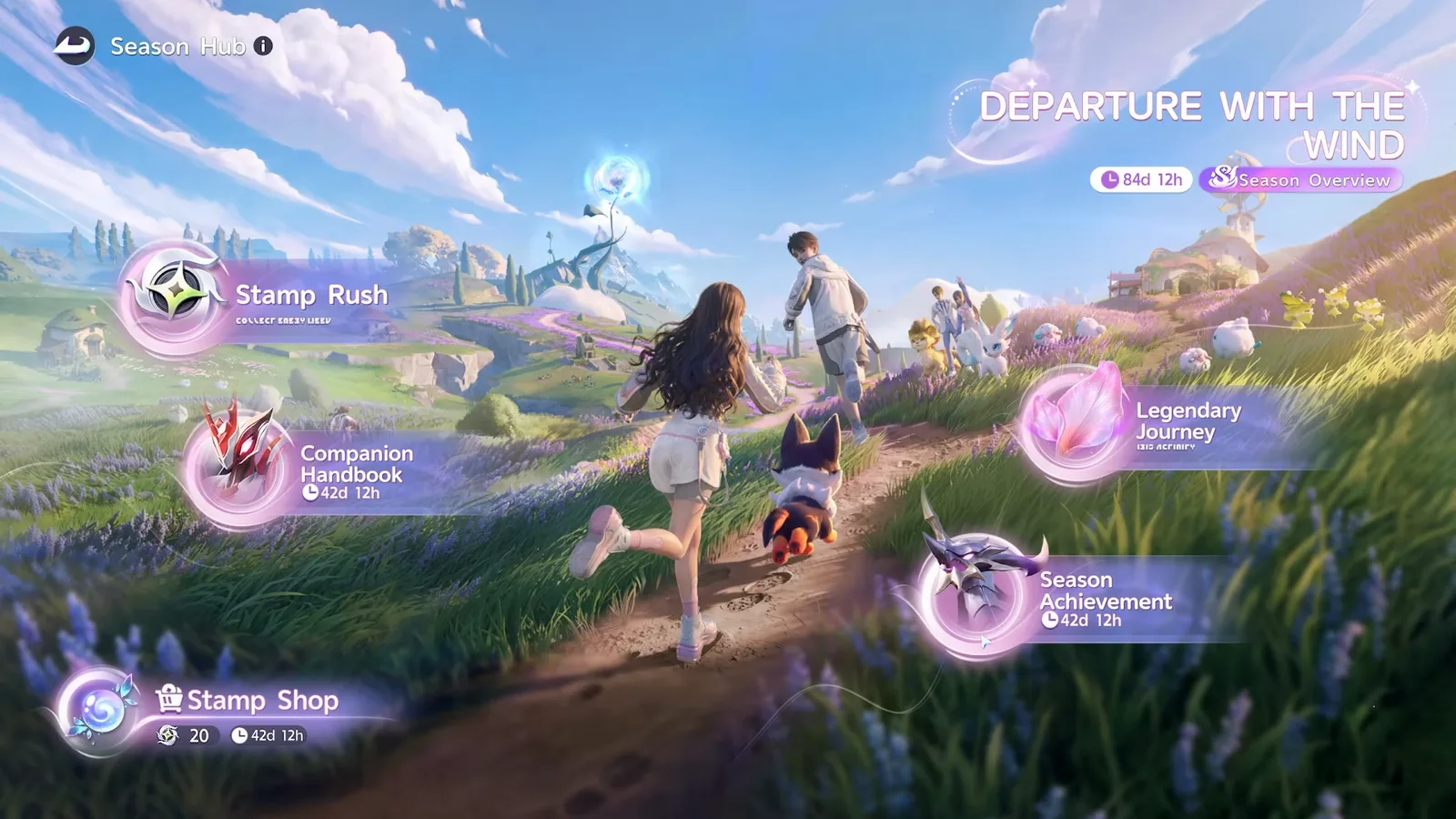The Aniimo Season Hub headed Departure with the Wind, with Stamp Rush, Companion Handbook, Legendary Journey, Season Achievement and Stamp Shop buttons and an 84d 12h countdown